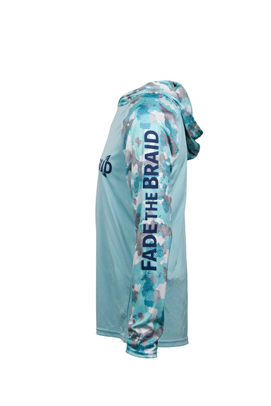 Fade the Braid Logo Long Sleeve Hooded Sun Shirt - Aqua Blue Camo UPF 50+