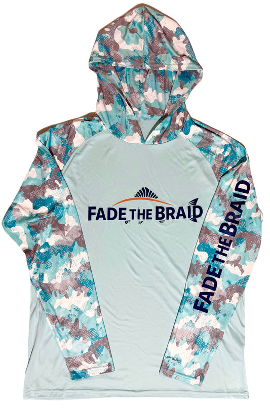 Fade the Braid Logo Long Sleeve Hooded Sun Shirt - Aqua Blue Camo UPF 50+