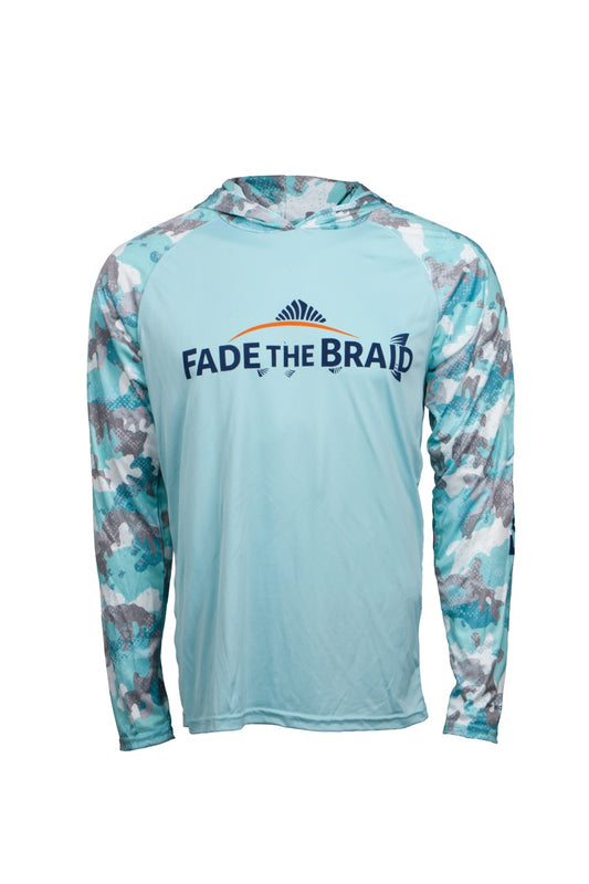 Fade the Braid Logo Long Sleeve Hooded Sun Shirt - Aqua Blue Camo UPF 50+
