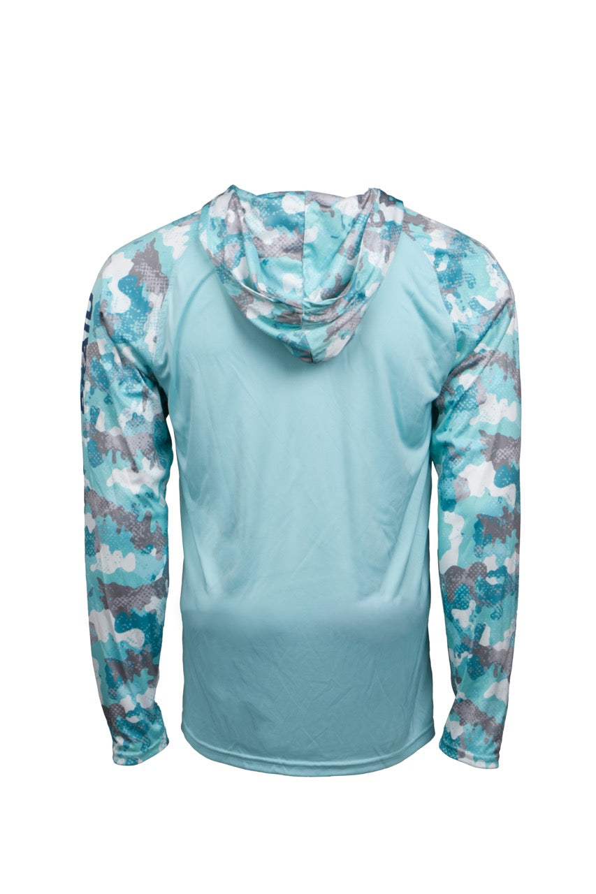Fade the Braid Logo Long Sleeve Hooded Sun Shirt - Aqua Blue Camo UPF 50+